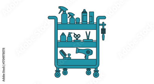 Salon cart illustration with hair styling tools and products for beauty.