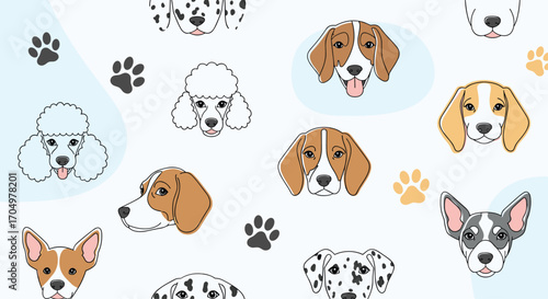 A playful pattern featuring various dog breeds and paw prints.