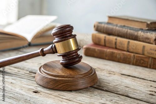Wooden gavel with golden scales of justice and laptop on office desk. Concept of law, courtroom, legal advice, contracts, lawyer services, online litigation, and professional judgement.