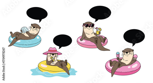 Cute otters relaxing in inflatable rings with drinks and hats.