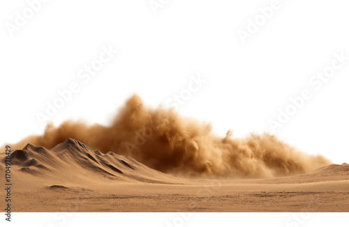 A large dust storm blowing across desert dunes and mountains, isolated on transparent background
