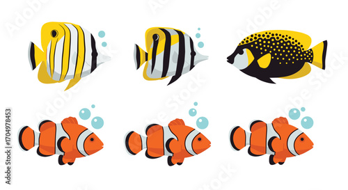 Six vibrant reef fish swim in a whimsical underwater scene.
