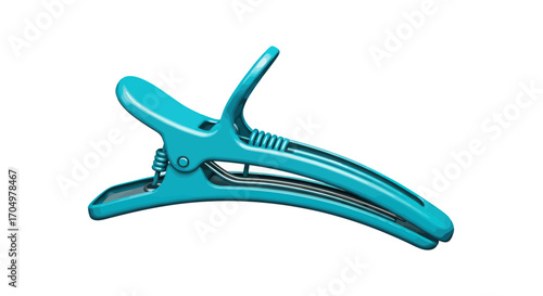 A single bright teal plastic utility clip isolated on white.