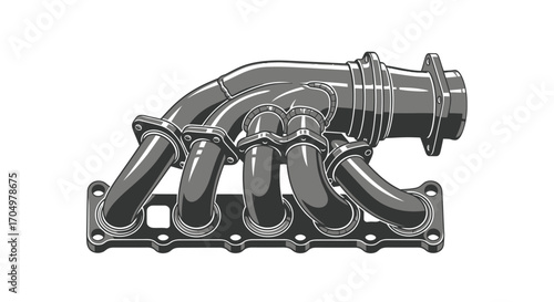 Detailed black and white illustration of a car exhaust manifold.