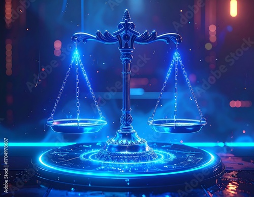 Glowing Scales of Justice on Futuristic Digital Background