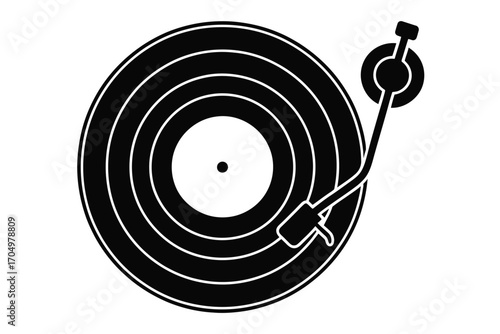 A black and white graphic illustration of a record player with a vinyl record on a white background