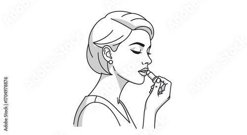 Black and white line art of a woman applying lipstick.