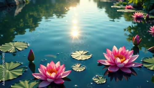 Intricate floral pattern on lake surface, sunlight effect, elegant, ripple