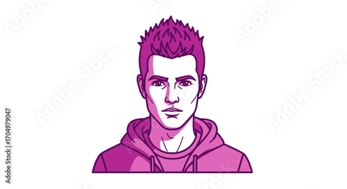 Stylized Portrait of a Young Man with Purple Hair and Hoodie.