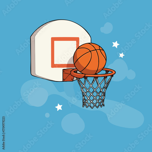 Basketball hoop with orange basketball and blue sky background vector illustration 