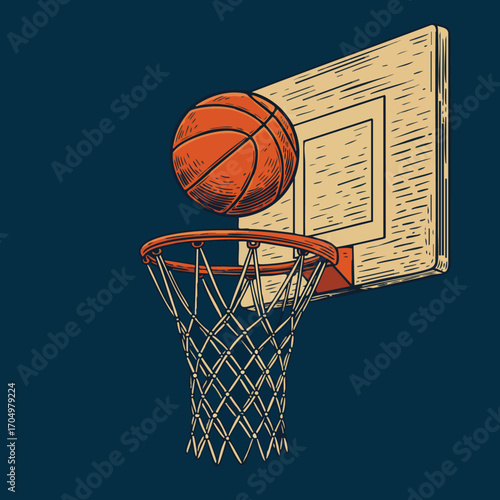 Basketball going through basketball hoop and backboard illustration with orange and navy blue colors vector graphic 