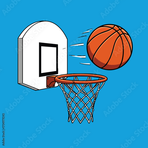 Basketball hoop with orange ball flying toward rim on blue background vector illustration