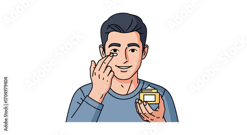Man applying eye cream for skincare routine.