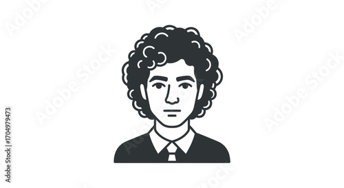 Monochrome line art portrait of a young person with curly hair.