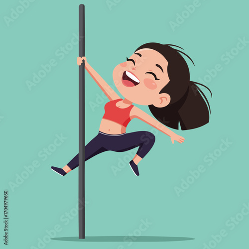 Woman enjoying pole dancing fitness workout in activewear with joyful expression and dynamic pose vector illustration 
