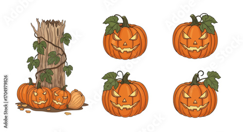 Four detailed jack-o-lanterns with carved faces and glowing interiors.