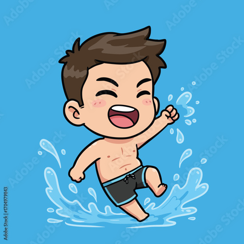 Happy boy splashing water joyfully in swim shorts on blue background cheerful summer play vector illustration 