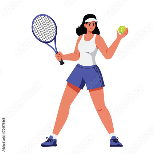 Female Tennis Player Preparing to Serve with Racket and Ball in Sportswear and Headband 