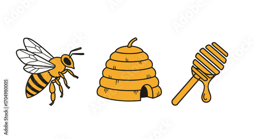 Cartoon Bee Beehive and Honey Dipper Illustration.