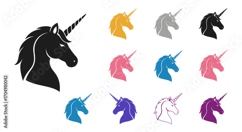Colorful unicorn head silhouettes for creative design and art projects.