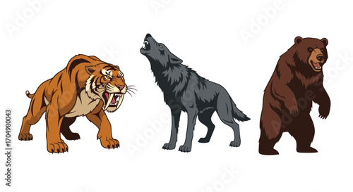 Illustration of Tiger Wolf and Bear Standing Together.