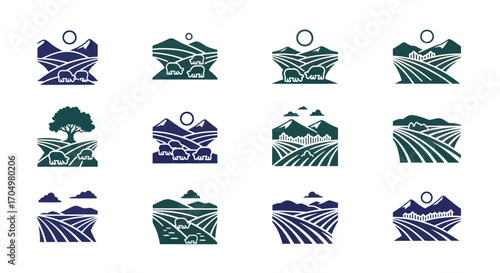 Collection of stylized natural landscape logos representing agriculture and rural beauty.