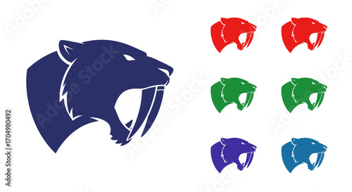Saber toothed tiger head vector logo illustration set.