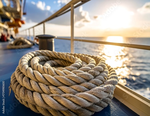 Nautical rope coiled on a ship's deck at sunset