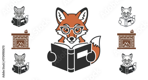 Intelligent Fox Character Reading a Book Wearing Glasses.