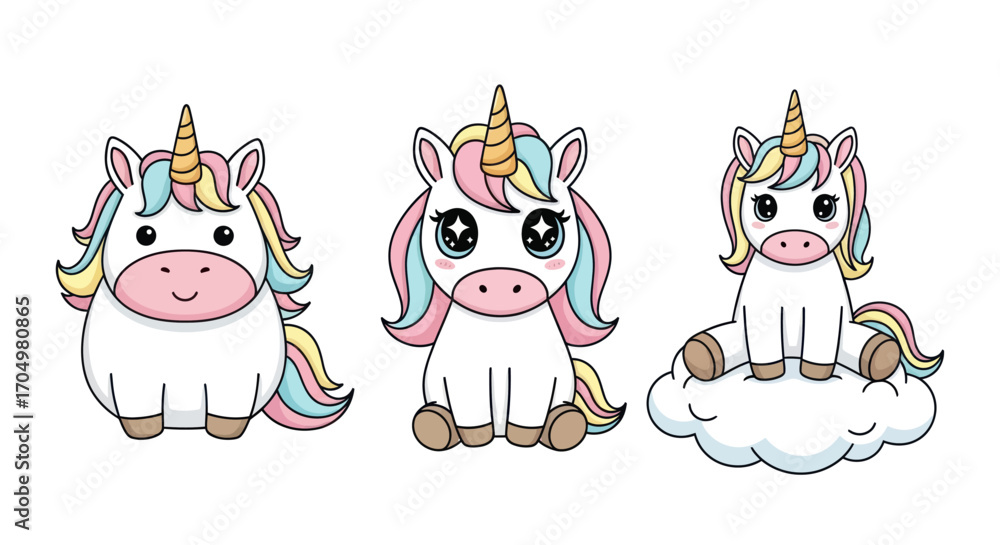 Obraz premium Charming cartoon unicorns in various poses showcasing their colorful manes and golden horns.