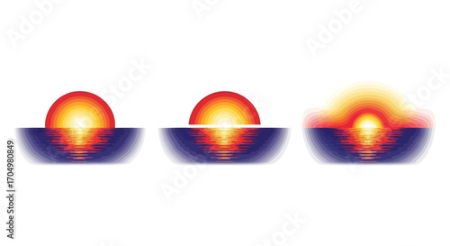Set of three abstract sunset or sunrise over ocean icons.