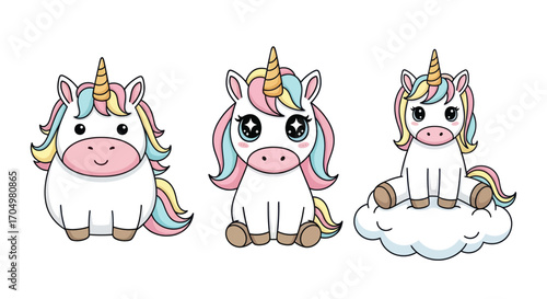 Charming cartoon unicorns in various poses showcasing their colorful manes and golden horns.