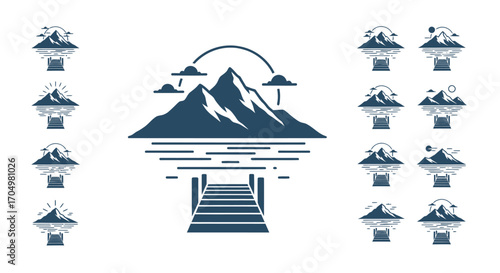 Set of mountain landscape logo templates with pier and water.