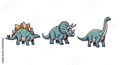 Set of three cute cartoon dinosaurs Stegosaurus Triceratops and Brachiosaurus.