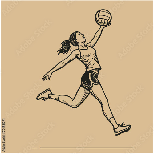 Female volleyball player jumping to spike ball in action pose vector illustration drawing 