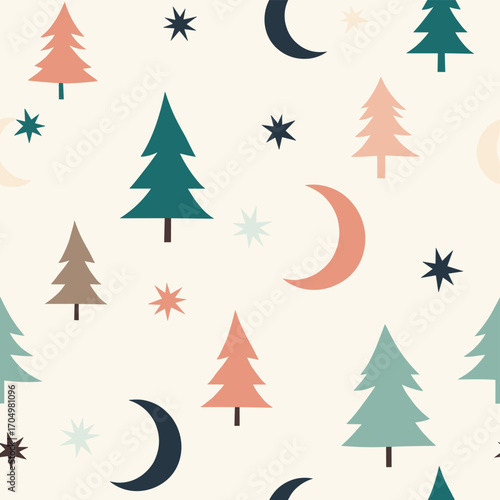 A whimsical pattern of crescent moons and stylized evergreen trees scattered across a pale background.