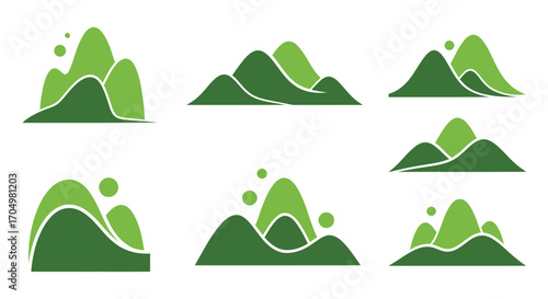 Illustrative collection of green mountain range designs for nature themes.
