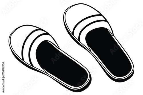 Footwear Black and White Slippers Vector, White Striped Sandals Isolated, Minimalist Design