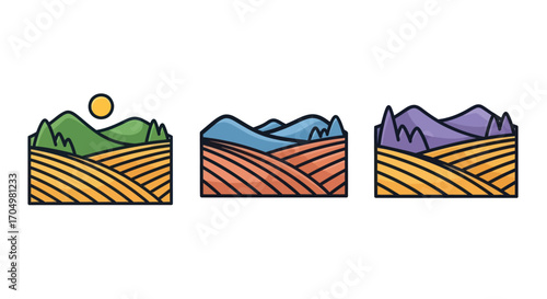 Diverse Landscape Illustrations with Fields and Mountains.