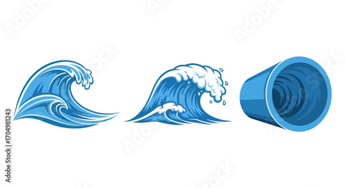 Ocean Waves and Blue Plastic Pot on White Background.