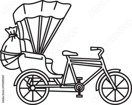 Monochromatic Illustration of a Tricycle Rickshaw with a Bag of Goods Transporting Passengers in a Charming and Artistic Style