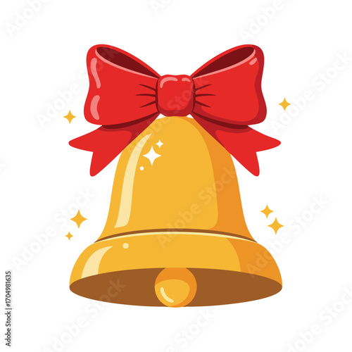 Golden bell with red bow and shiny sparkles festive decoration for holiday celebrations vector illustration 