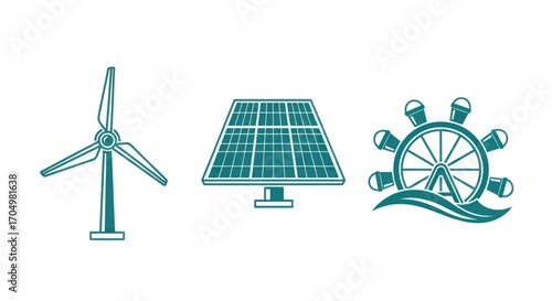 Illustration of renewable energy sources wind solar and water power.