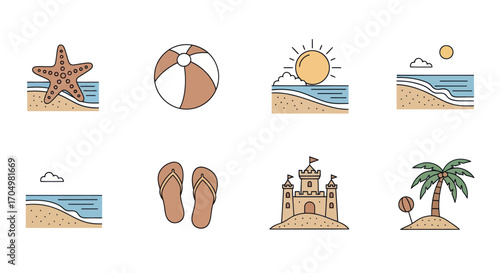 Beach Icons Collection: Summer Vacation and Holiday Elements.