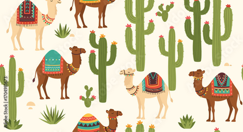 A repeating desert pattern featuring camels and cacti in a warm palette.