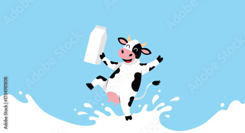 A happy cow jumps with a milk carton and splashes milk.