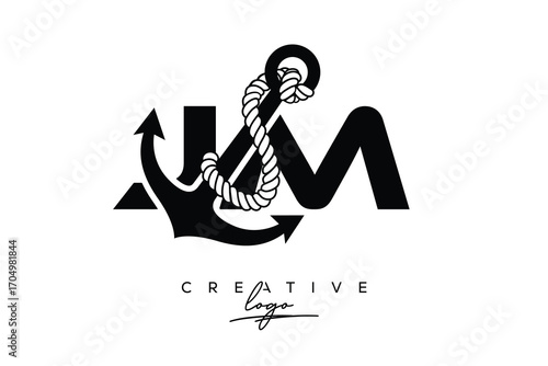 JM Creative Monogram Latter Logo with Anchor and Rope Design Minimalistic Logo Design 