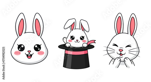 Cute Cartoon White Rabbit Faces and Magician Hat Illustration.