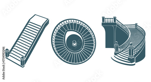 Set of various staircase designs in isometric view.