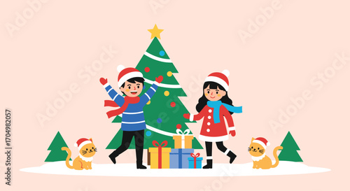 Children and pets celebrate christmas with snow and gifts.